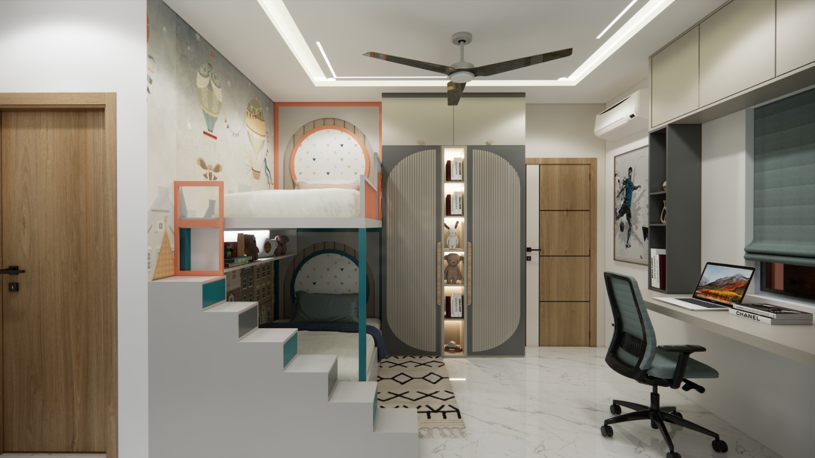 Minimalist executive workspace with functional desk and cabinetry