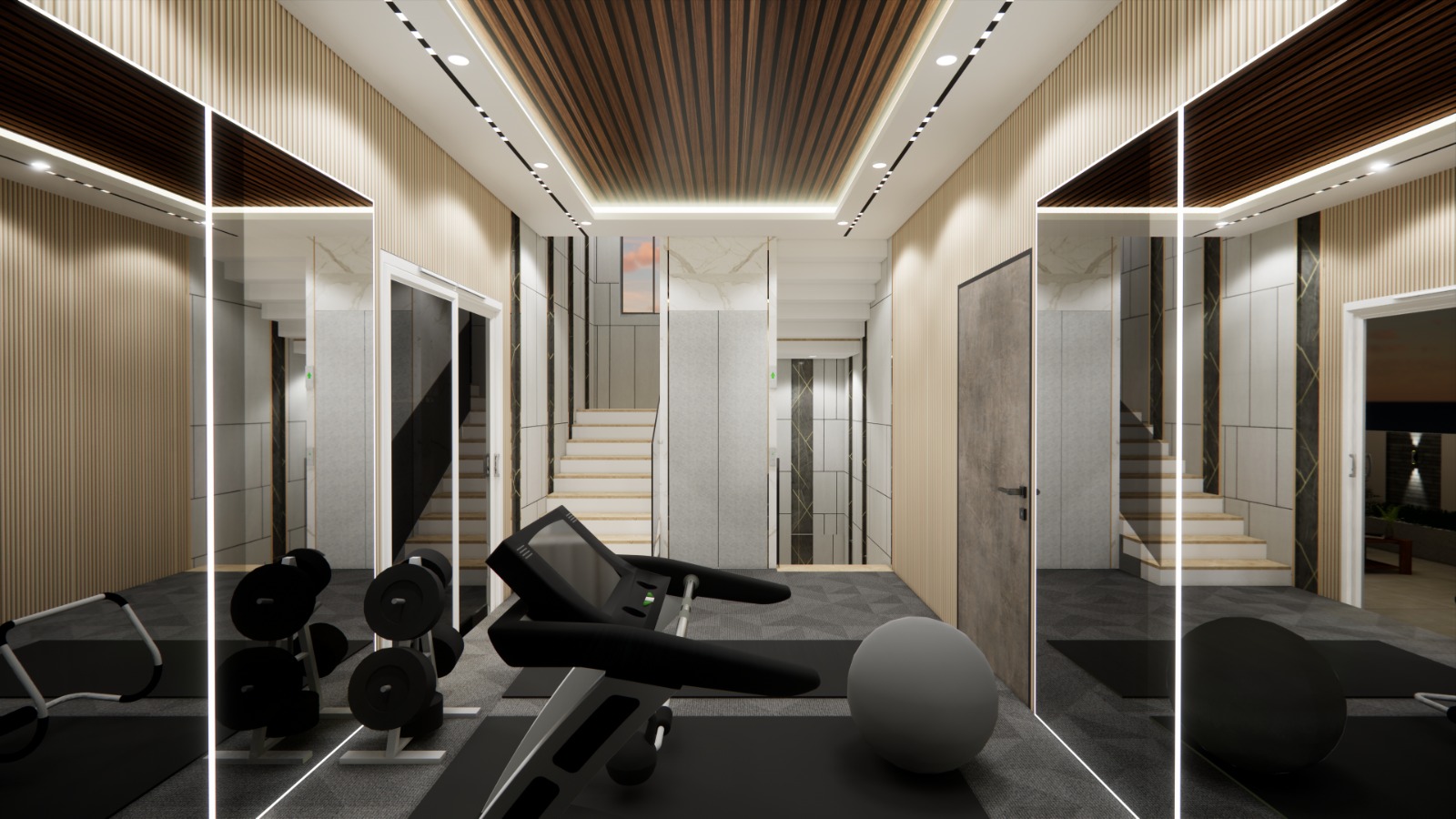 Sleek contemporary staircase with wood finishes and glass railing